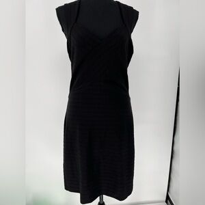 GUESS LITTLE BLACK DRESS W/QUEEN ANNE NECKLINE, 3 GOLD BUTTONS, CONCEALED ZIPPER
